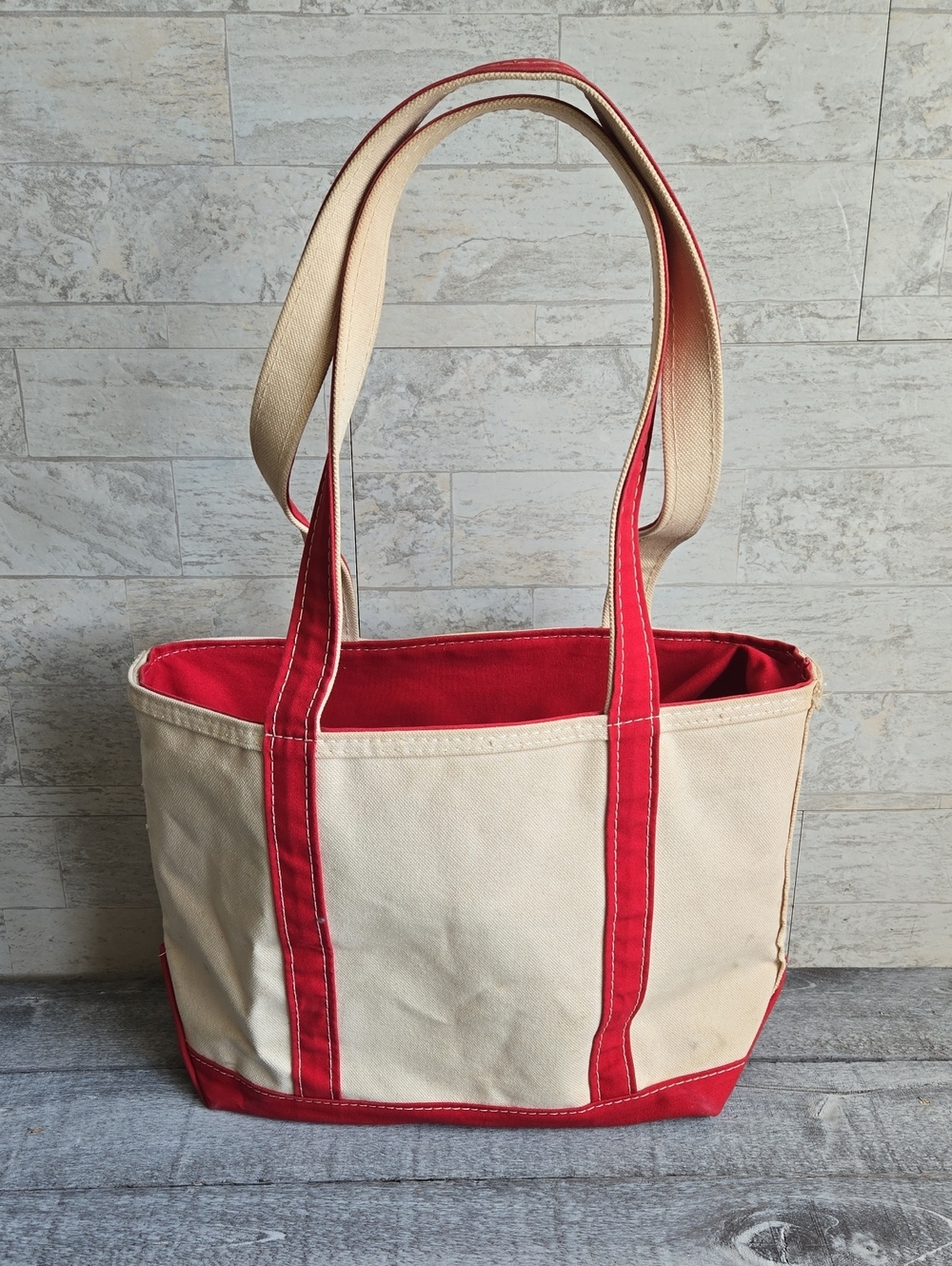 L.L. Bean Vintage Boat And Tote Canvas Bag Red Trim Handles Bottom